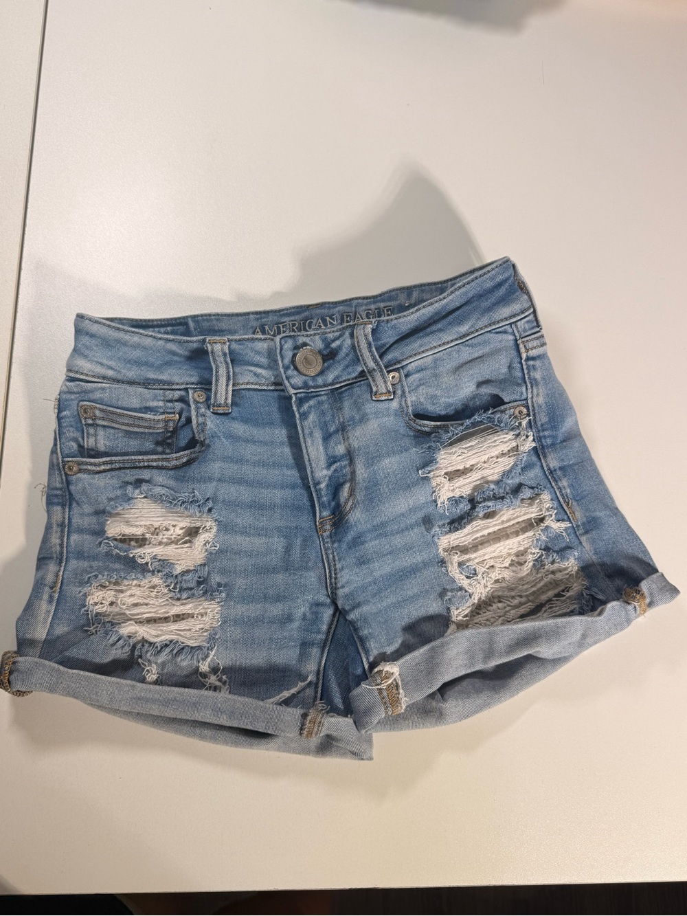 American Eagle Outfitters Light Blue Distressed Denim Shorts - Stretch